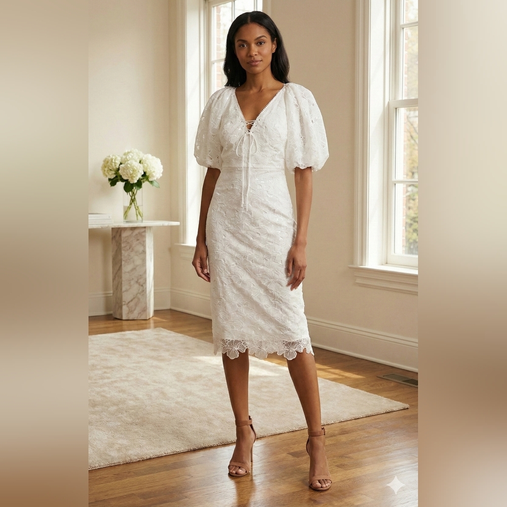 NWT Size 2 Monique Lhuillier White Organza Lace Puff Sleeve Dress
